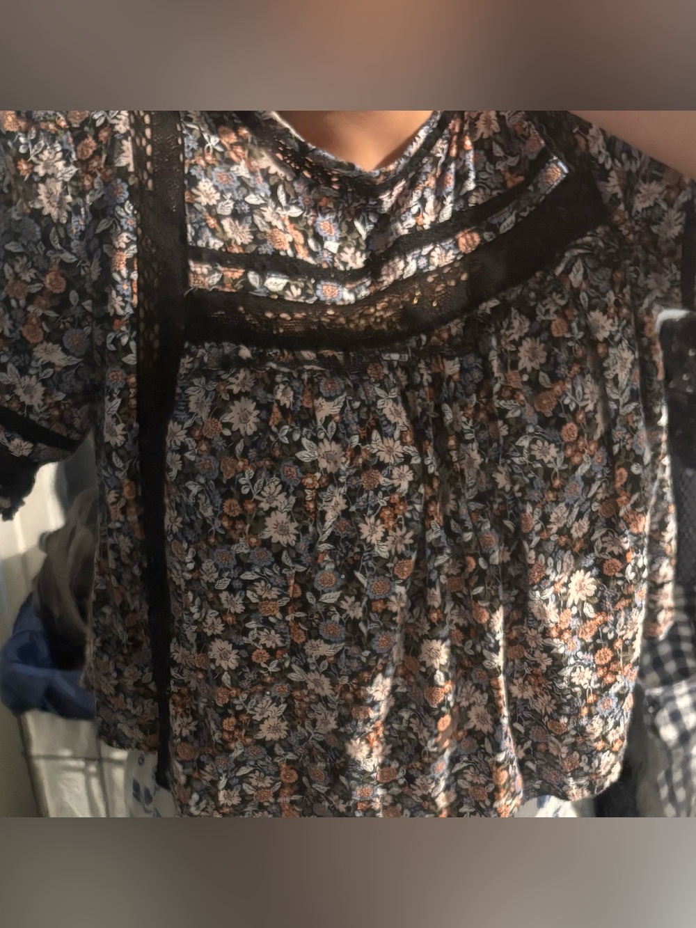 AE Floral Lace-Trim Smocked Waist Peasant Top - Black/Multicolor